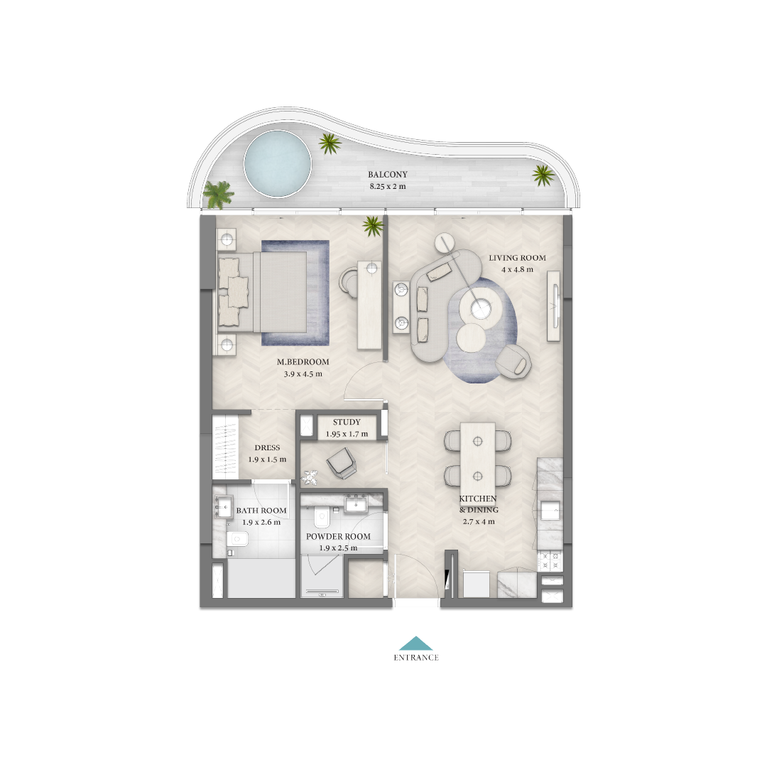 Beach Walk 4 By Imtiaz A floor plan illustrating a one-bedroom apartment with a living room, kitchen, study, and balcony.